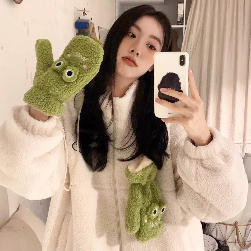 Găng Tay Giữ Ấm Mùa Đông Mềm Mại Dày Dặn Chống Gió Hình Chú Ếch Mắt To Cho Học Sinh / Văn Phòng