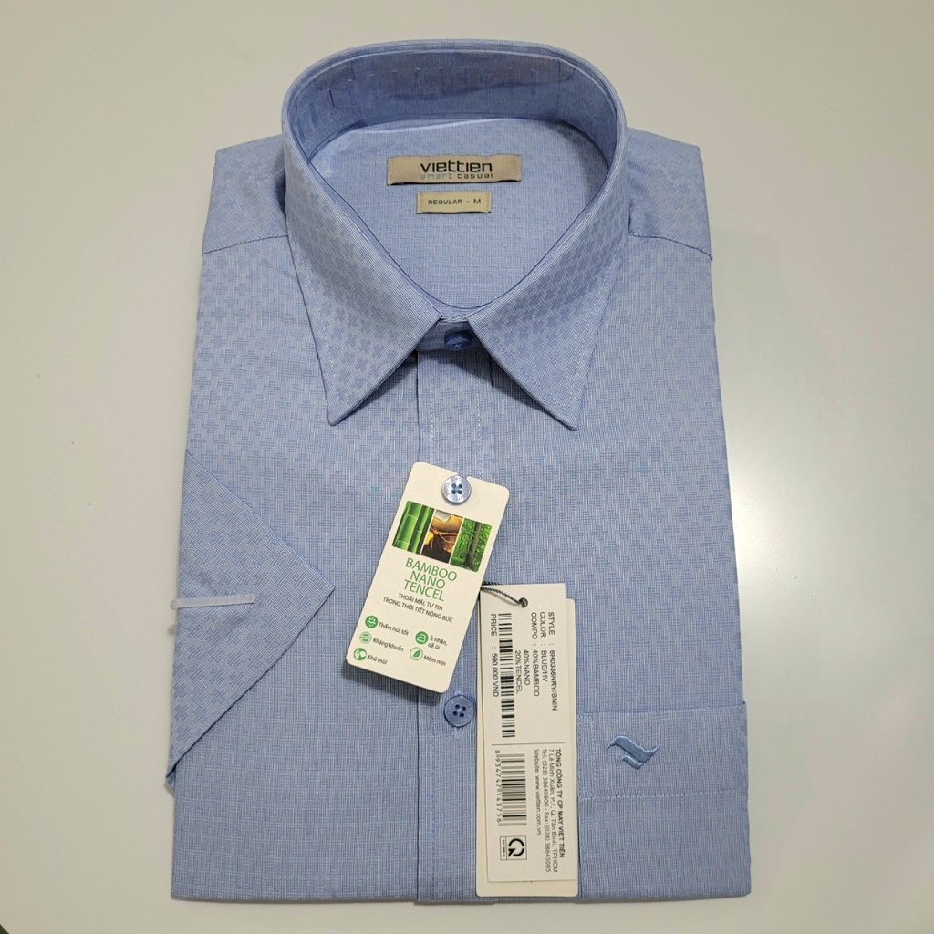 Aó sơ mi Việt Tiến smart casual ngắn tay ,tà ngang mã 6R0338NRY chính hãng ,cao cấp - form suông REGULAR -TÀ NGANG