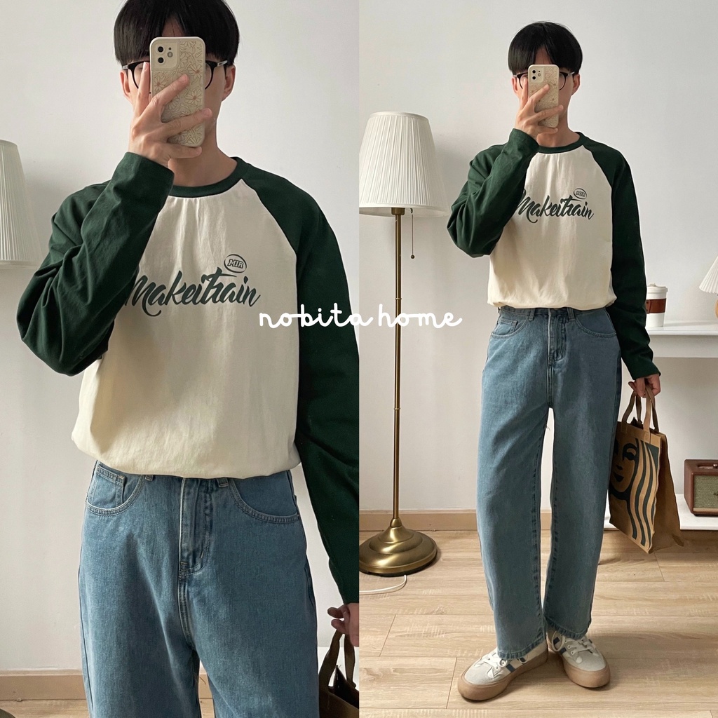 NOOBITA - Áo thun raglan tay dài in chữ _ 100% cotton _ 7876