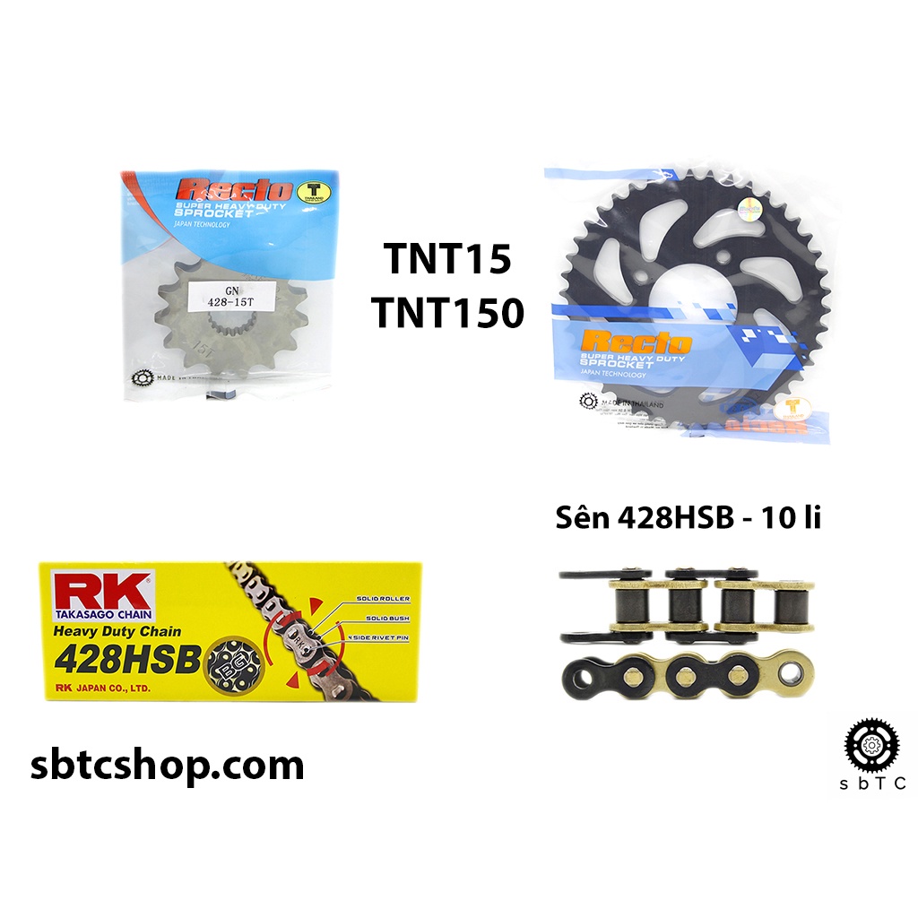 NSD Nhông dĩa RECTO sên RK đen vàng 428HSB Benelli TNT150 TNT15 TNT 150 chính hãng