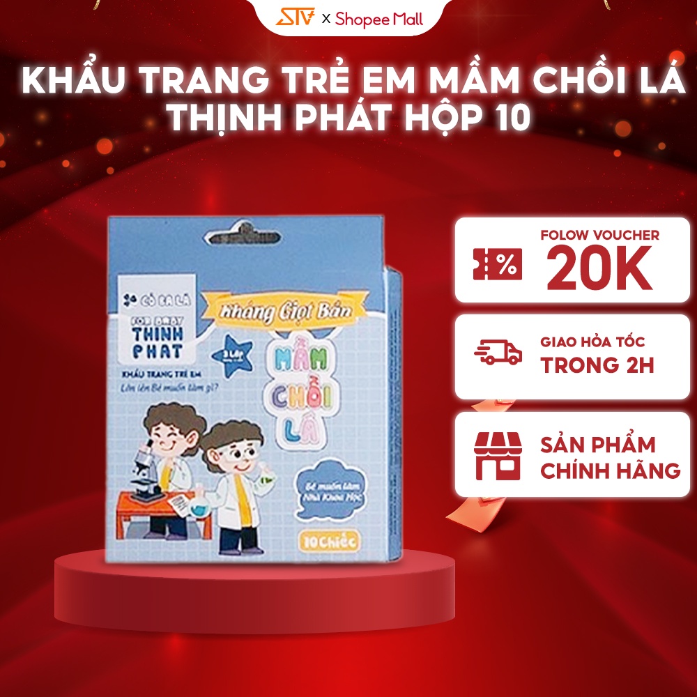 Combo 50 Khẩu Trang Trẻ Em mầm chồi lá Thịnh Phát Hộp 10 Cái/Hộp Cho Bé Từ 4 - 10 Tuổi 3 Lớp Kháng Khuẩn