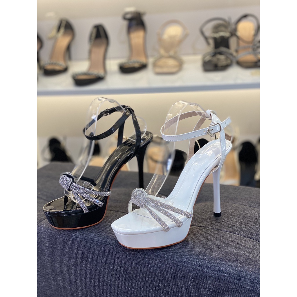 Giày đúp cao gót nữ gót nhọn 12p quai ngang đính đá, hoa hậu đúp cao gót quai đính đá thắt nơ kiểu mới HD33