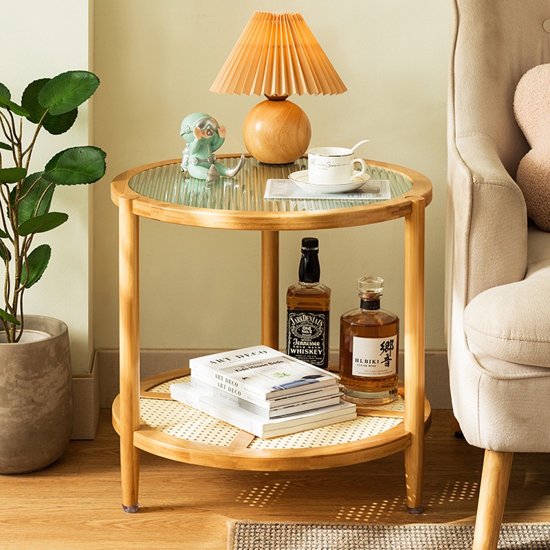 Bàn trà tròn 2 tầng mặt kính gỗ tre sang trọng, bàn cà phê ngồi ban công uống trà, bàn sofa NIKIATA