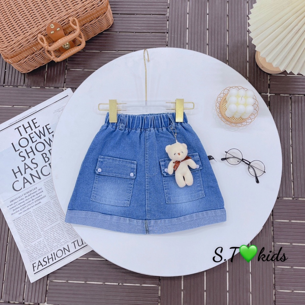 Chân váy jean tặng kèm gấu cho be gái 12-25kg, chân váy bò cho bé gái
