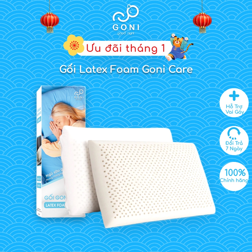 Gối Cao Su Latex Foam Goni Care 40x60cm 100% Cao Su Thiên Nhiên, Đàn Hồi Cao, Kháng Khuẩn, Thoáng Khí, Chống Đau Vai Gáy