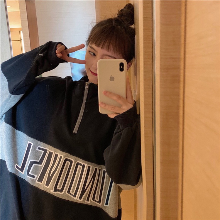 Áo sweater có khóa nỉ bông dày dặn nữ họa tiết chữ A072 tay dài bo chun phong cách trẻ trung, năng động