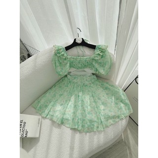 ĐẦM HOA XANH DÂY CỔ YẾM CUTOUT LƯNG
