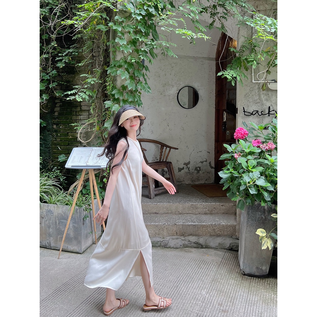 Sẵn -「ADELIA」Đầm Maxi 3 Lỗ Hàn Quốc Dáng Dài Màu Kem Chất Lụa Mềm Mại Hàng Quảng Châu Loại 1, Đầm Tiểu Thư Nhẹ Nhàng | BigBuy360 - bigbuy360.vn