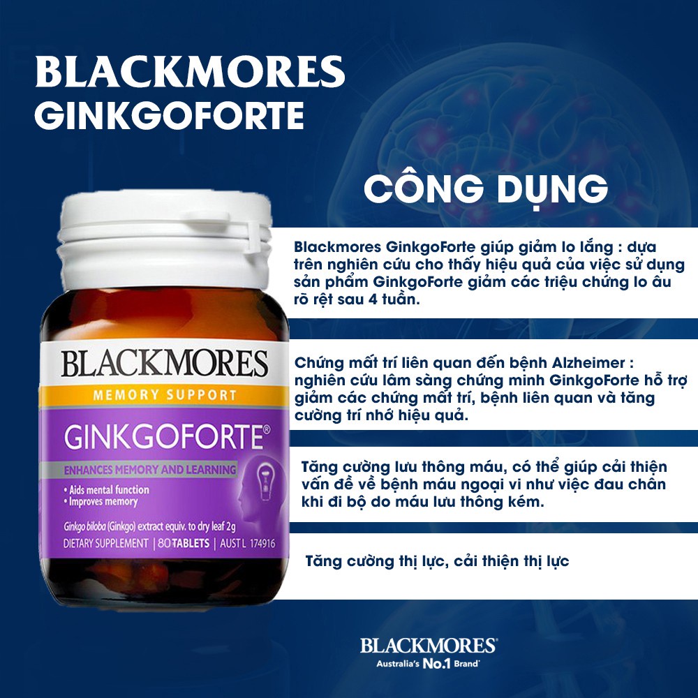 Viên uống bổ não, tăng cường trí nhớ Ginkgoforte Blackmores úc 80 viên