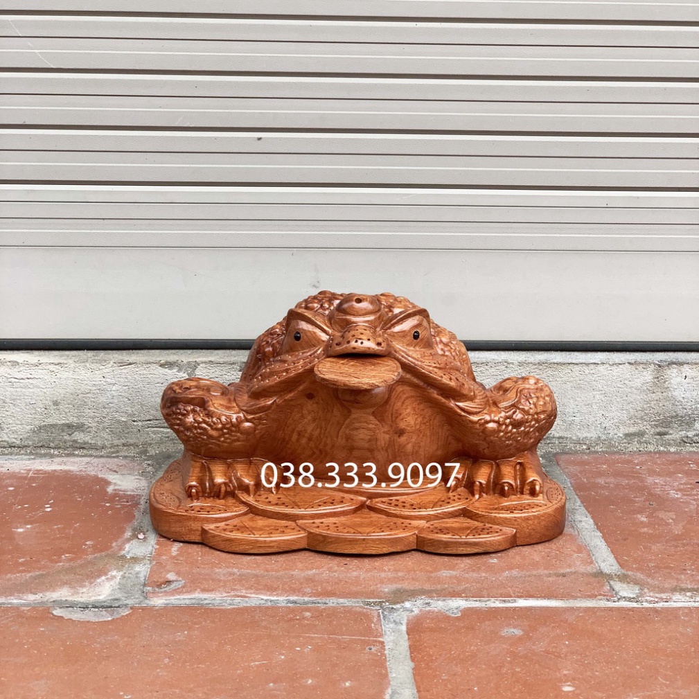 Tượng cóc ngậm tiền thiềm thừ rộng từ 30cm đến 40cm được làm bằng gỗ hương nguyên khối