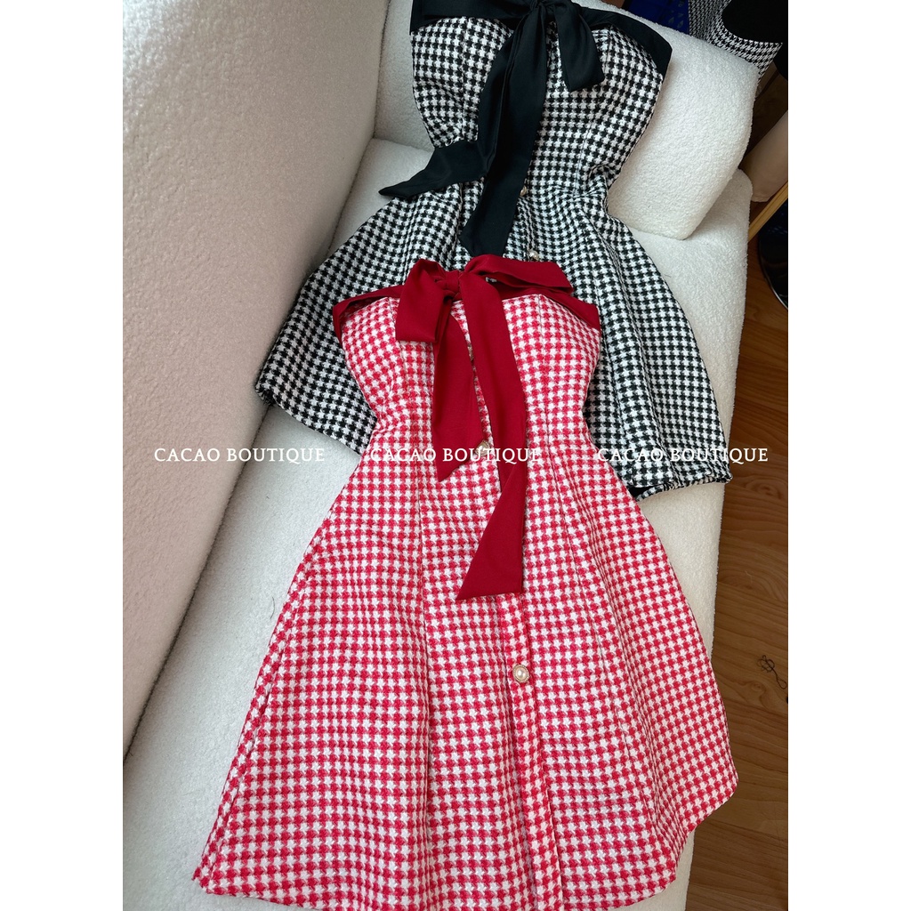 Đầm đi tiệc, đi chơi cúp ngực sang trọng, tôn dáng 2 lớp với chất bố dạ phối nơ màu đỏ đô và đen