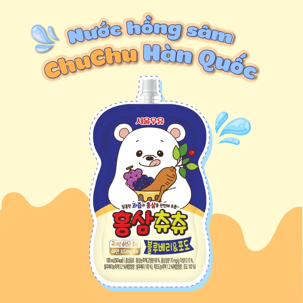 Gói Lẻ Nước Hồng Sâm Chuchu (chu chu) Vị Việt Quất, Nước Hồng Sâm Hàn Quốc Dạng Gói, Nước Hồng Sâm Cho Bé