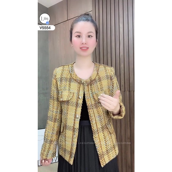 Áo khoác vest dạ tweed kẻ nâu Liin Clothing V5554