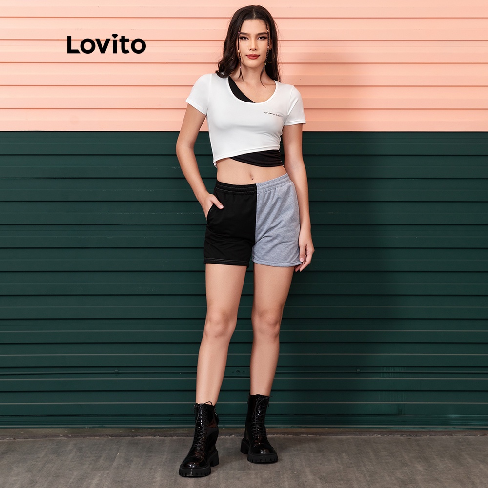 Áo Thun Crop Top Lovito In Chữ Phong Cách Thể Thao 2 Trong 1 L06026 (Màu Trắng)