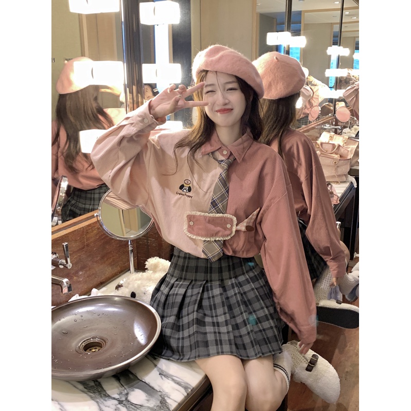 Áo Sơ Mi Caro Thêu Hình Chú Chó Phong Cách Hàn Quốc