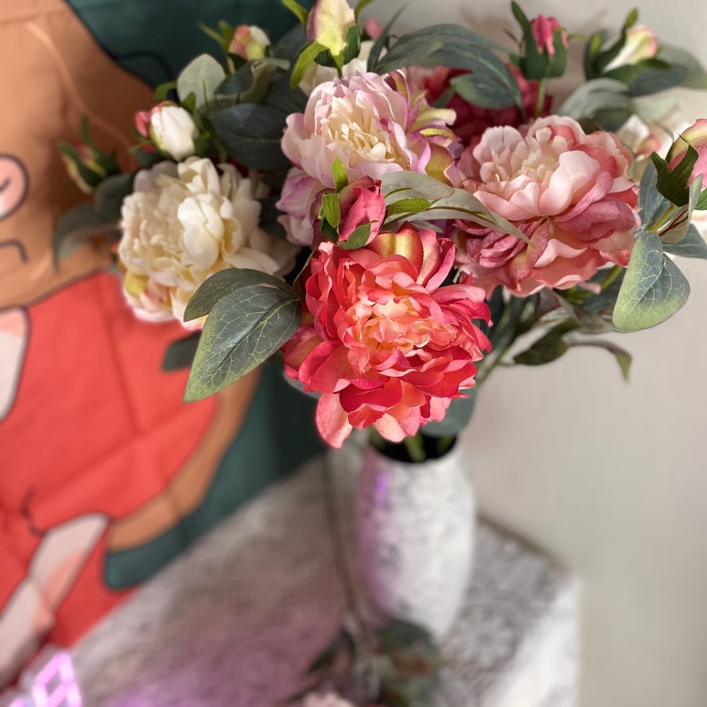 Hoa mẫu đơn lụa hàng cao cấp bông to gồm 1 bông 1 nụ - HÀNG LOẠI 1 chất lượng giống thật decor phòng,trang trí tiệc cưới