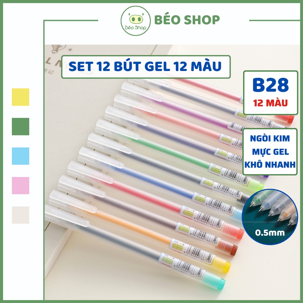 Bút bi màu mực gel Béo shop viết ngòi kim Resun bản dupe 12 màu retro ngòi 0.5mm B28 (set 12 bút)