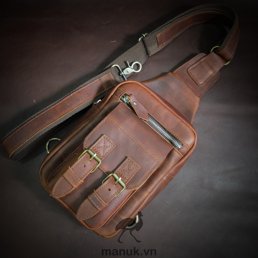 Túi đeo chéo da bò sáp ngựa điên Biker nâu bò - Manuk Leather Design