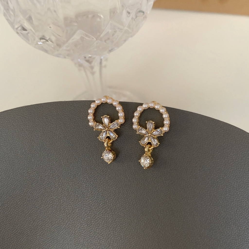 Khuyên tai kẹp không bấm lỗ chốt cố định K301 bằng hợp kim mạ vàng hình tròn đính hoa đá dáng midi Leous Accessories