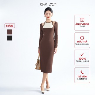 Đầm Nữ 𝐂𝐂𝐇𝐀𝐓 Dáng Ôm Phối Cutout Kiểu Chất Thun Co Giãn Mềm Mịn 22VDC8025OT