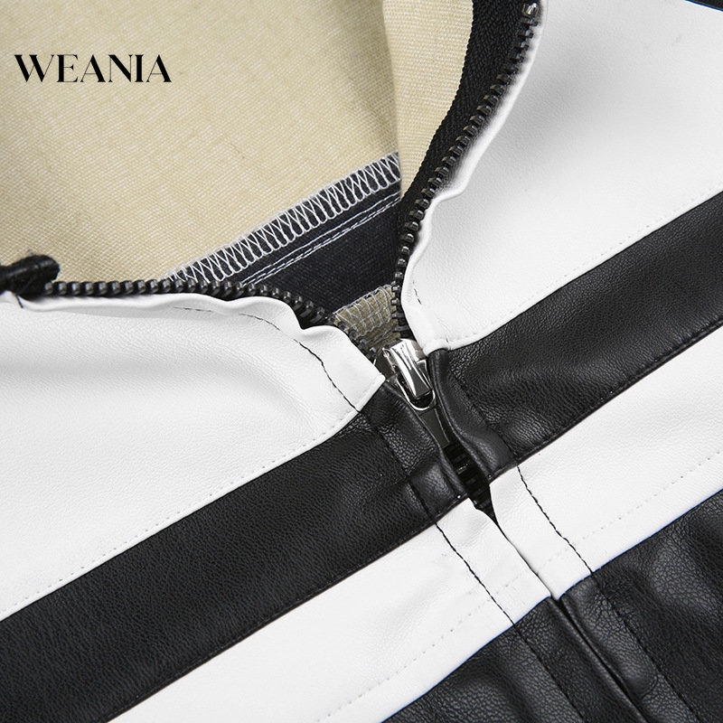 Áo Khoác Da PU Tay Dài Cổ Cao Cài Nút Phối Màu Cá Tính