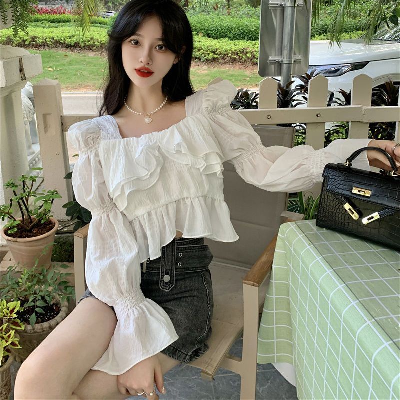 Áo Kiểu Tay Phồng Dài Cổ Vuông Phối Bèo Thời Trang 2023 Cho Nữ