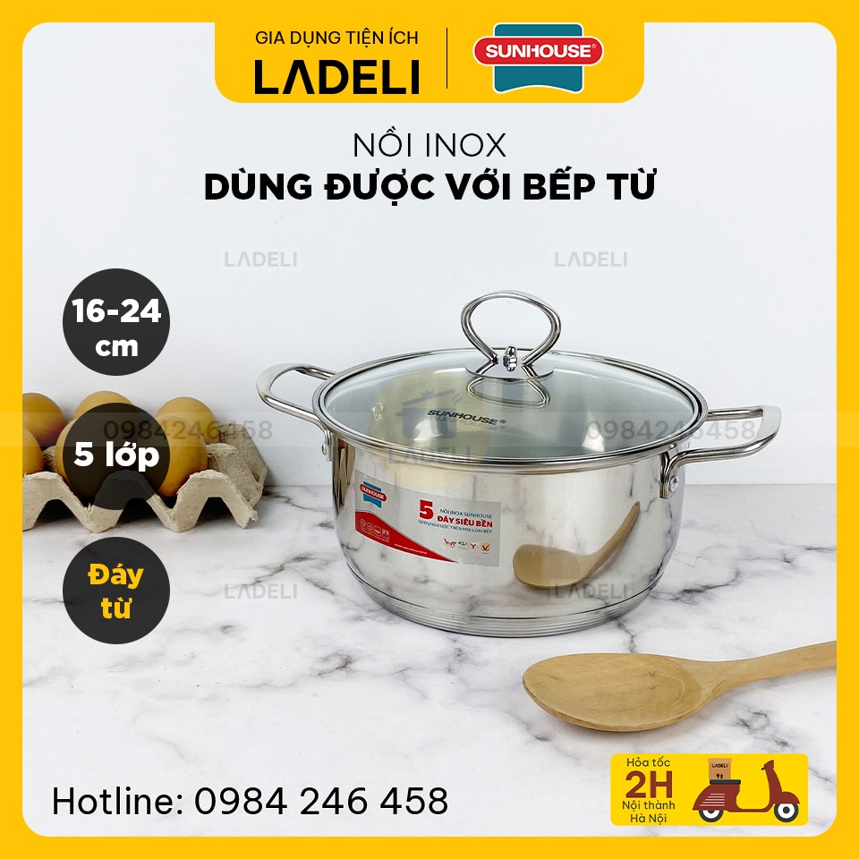 Nồi inox 5 đáy SUNHOUSE SHG788-16 / SHG788-20 / SHG788 -24 size 16cm / 20cm / 24 cm dùng được với bếp từ