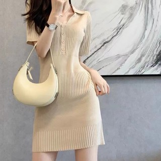 Đầm Dệt Kim Ngắn Tay Cổ Polo Màu Trơn Thời Trang Mùa Hè Giản Dị Dành Cho Nữ