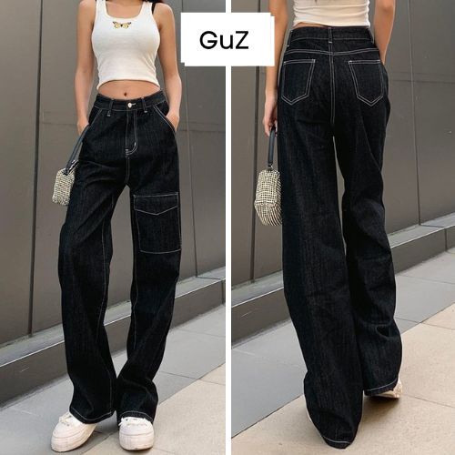 Quần jean ống suông rộng thiết kế túi hộp vải kaki mềm màu đen style trẻ trung GUZ