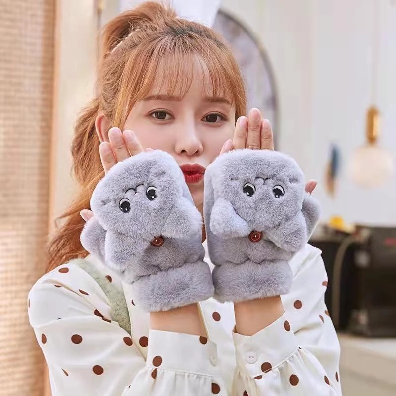 Găng Tay Hở Ngón Hình Mèo Bông Mềm Mại Phong Cách Hàn Quốc Cho Nữ