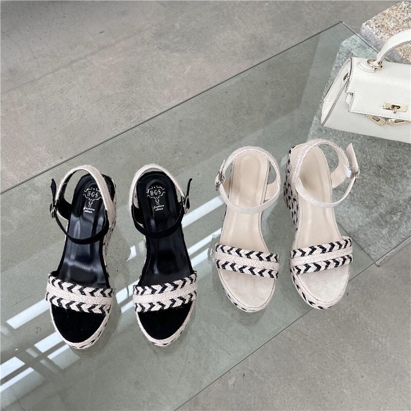 Sandal Colorblock phối dây gai, đế xuồng cao 10cm