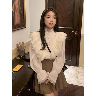 Áo sơ mi voan trắng tay bèo cổ nơ tay phồng phối ren điệu đà hot hít Vocanlus