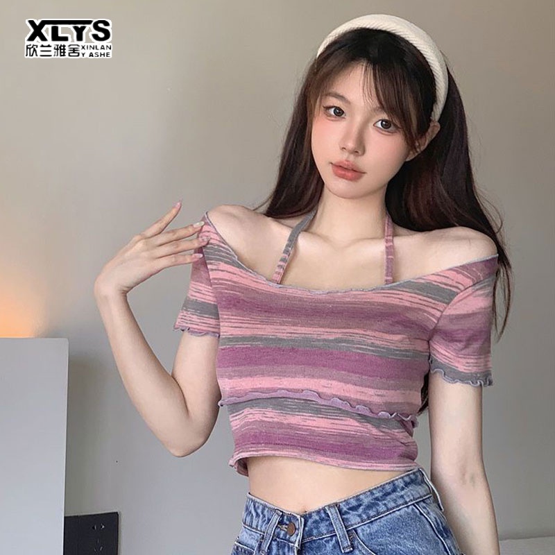 Áo thun XINLANYASHE ngắn tay họa tiết sọc ngang thời trang dành cho nữ