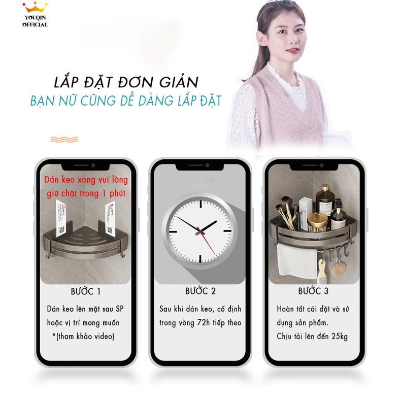 Kệ Phòng Tắm Dán Tường, Kệ Nhà Tắm Treo Tường - YouQin Hợp Kim Nhôm Chống Gỉ, Chống Ẩm, Dán Keo Siêu Chắc | BigBuy360 - bigbuy360.vn