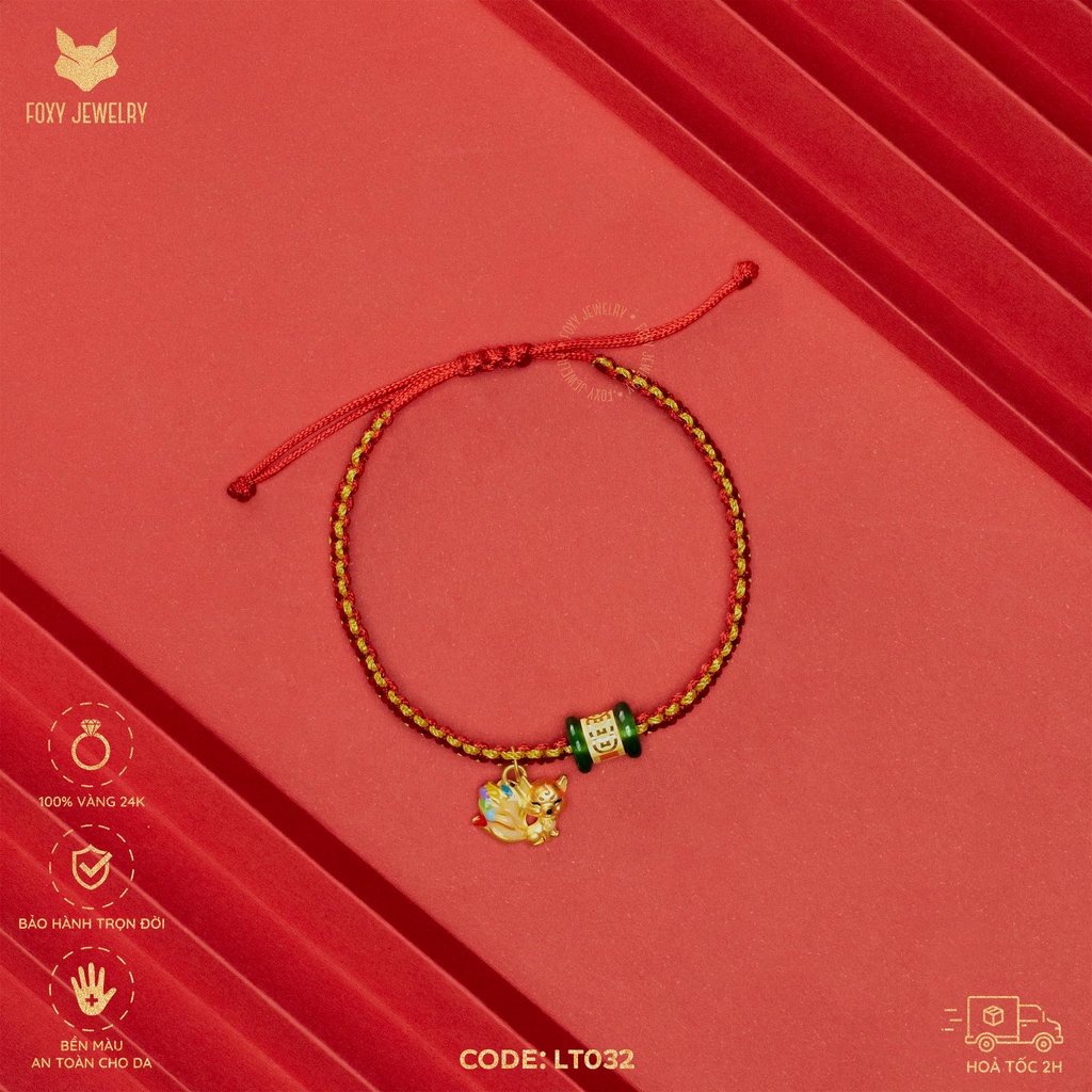 Vòng Vàng 24K Tết Chỉ Đỏ Unisex Foxy Điêu Khắc Lu Kim Tiền Và Hồ ly Chín Đuôi Phong Thủy May Mắn
