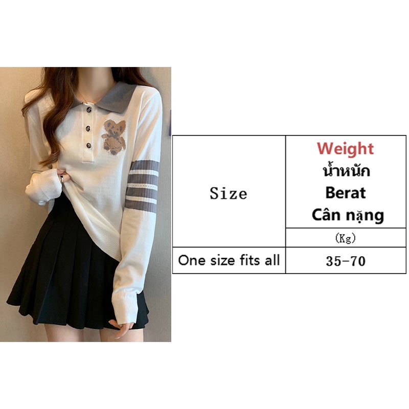 Áo polo Dệt Kim Tay Dài Thêu Hình Gấu Hoạt Hình Phong Cách Mùa Thu Dành Cho Nữ
