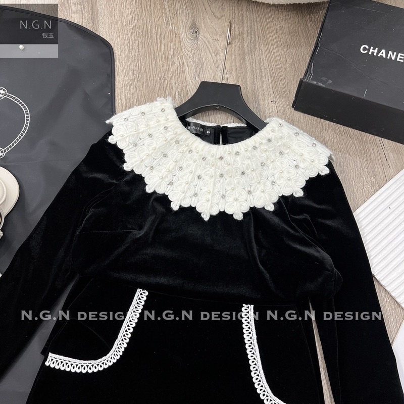Sét nhung cổ đá + chân váy viền ren