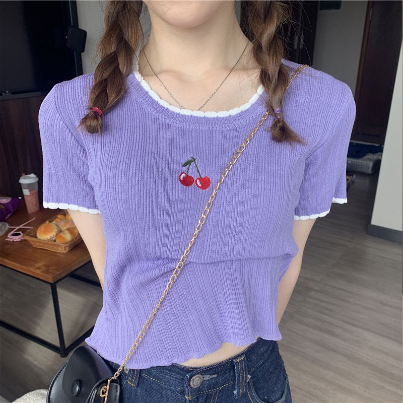 Áo sweater Tay Ngắn Cổ Tròn Dáng Ôm Thời Trang Mùa Hè Phong Cách Hàn Quốc Cho Nữ