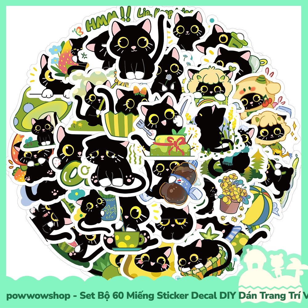 [Sẵn VN - Hỏa Tốc] Set Bộ 50/60 Miếng Sticker DIY Chống Thấm Nước Dán Trang Trí Vật Dụng Phong Cách Hoạt Hình Green Cat