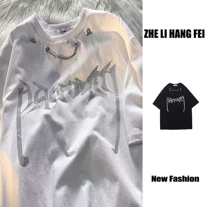 ZHELIHANGFEI Áo Thun Ngắn Tay Dáng Rộng Phối Dây Xích Đính Đá Kiểu Mỹ Dễ Phối Đồ