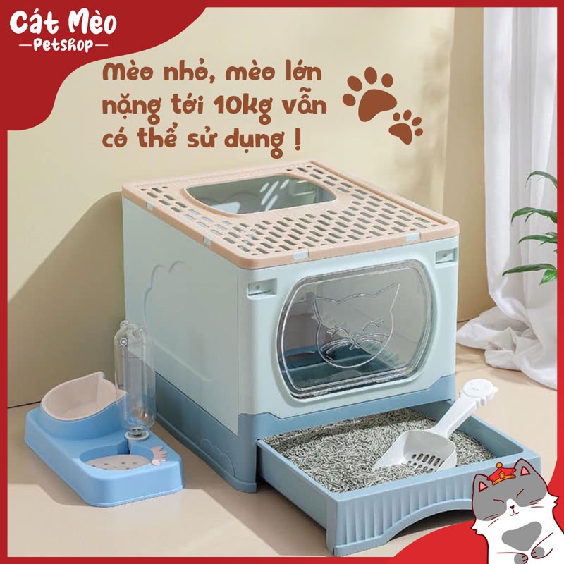 Nhà Vệ Sinh Cho Mèo 2 Cửa Chống Văng Cát Có Thể Gấp Gọn Kèm Xẻng