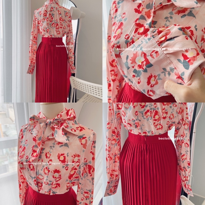 Set áo sơmi hoa đỏ thắt nơ + chân váy midi dập ly
