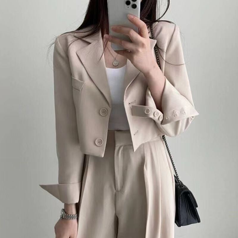 Bộ Áo Khoác Dáng Rộng Ngắn Cài Khuy + Quần Dài Lưng Cao Ống Rộng Kiểu Hàn Quốc Cá Tính Cho Nữ