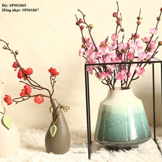Cành Hoa đào giả đẹp trang trí ngày tết màu hồng đỏ tươi tắn may mắn