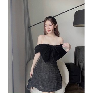 Đầm dạ đen phối nơ ngực lưới - đ1482