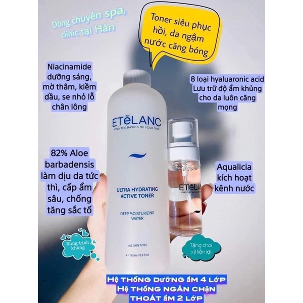 Toner ETeLANC -Nước hoa hồng Căng Bóng Phục Hồi Cấp Nước ETeLANC Ultra Hydrating Active Tone 500ml