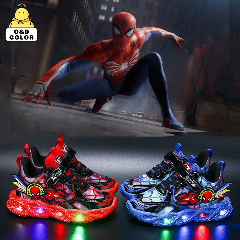 🔥sẵn sàng🔥Giầy thể thao siêu nhân spider man bé trai có đèn led cảm ứng nhấp nháy ngoài da pu mềm cá tính Giày Thể Thao Đế Mềm Thoáng Khí Có Đèn