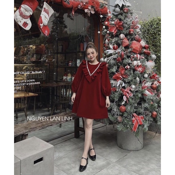Váy bầu Nhung Thiết kế Viền Trái Tim Xinh mặc Tết Noel dáng xinh đi chơi dự tiệc sang trọng