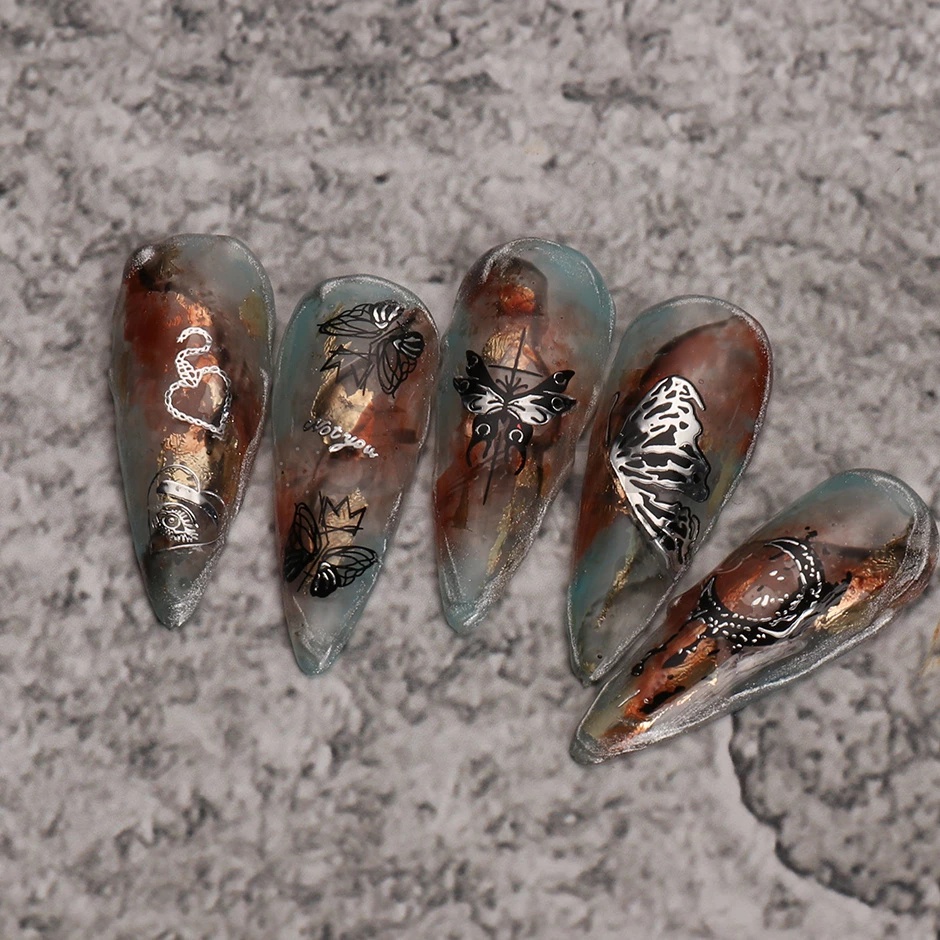 1 Nhãn Dán Móng Tay 3D Màu Đen / Bạc / Đen / Mặt Trăng / Trái Tim Xinh Xắn