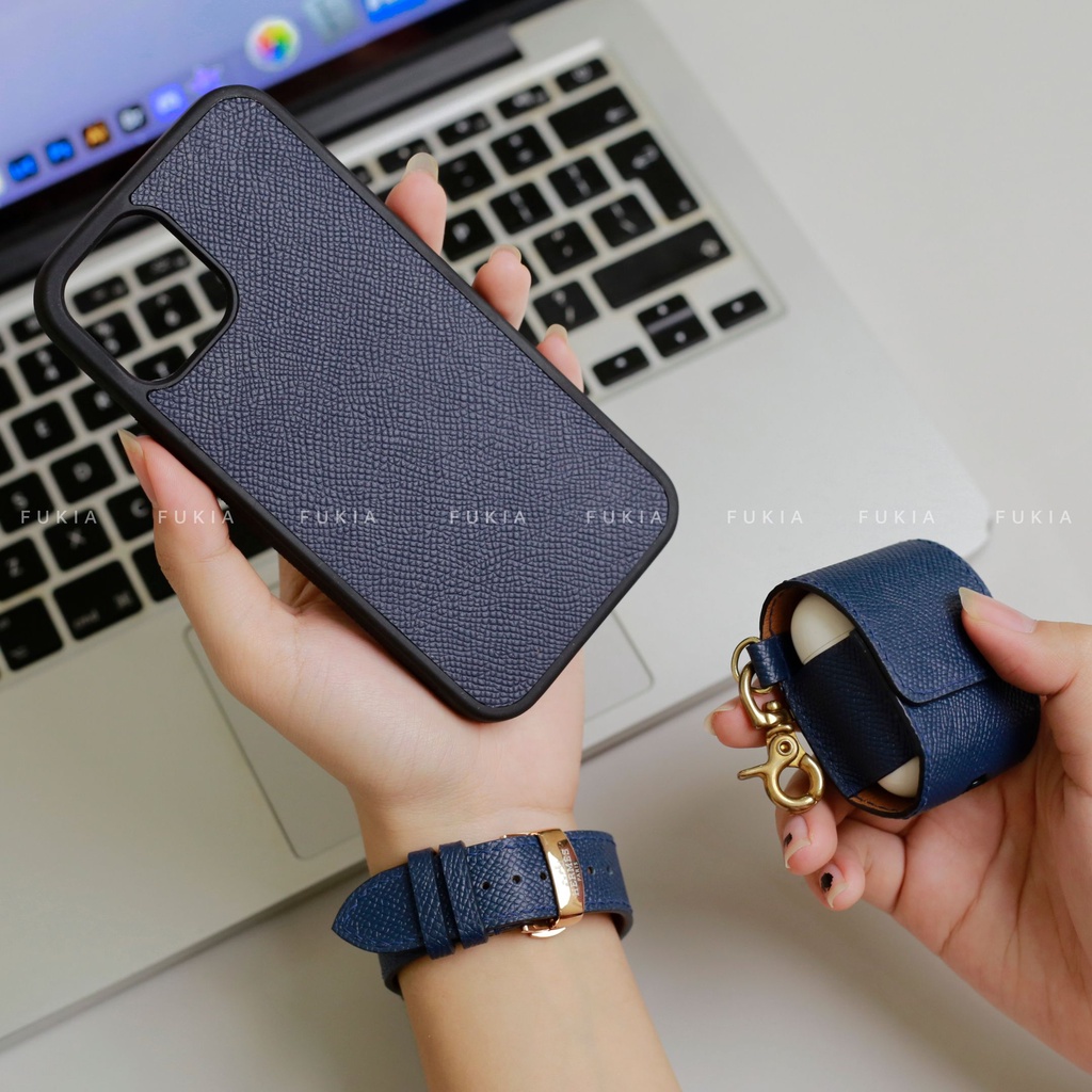 Combo dây và ốp da thủ công viền đen Epsom Xanh Navy dành cho Đồng hồ thông minh/ Đồng hồ cơ và Iphone CB014